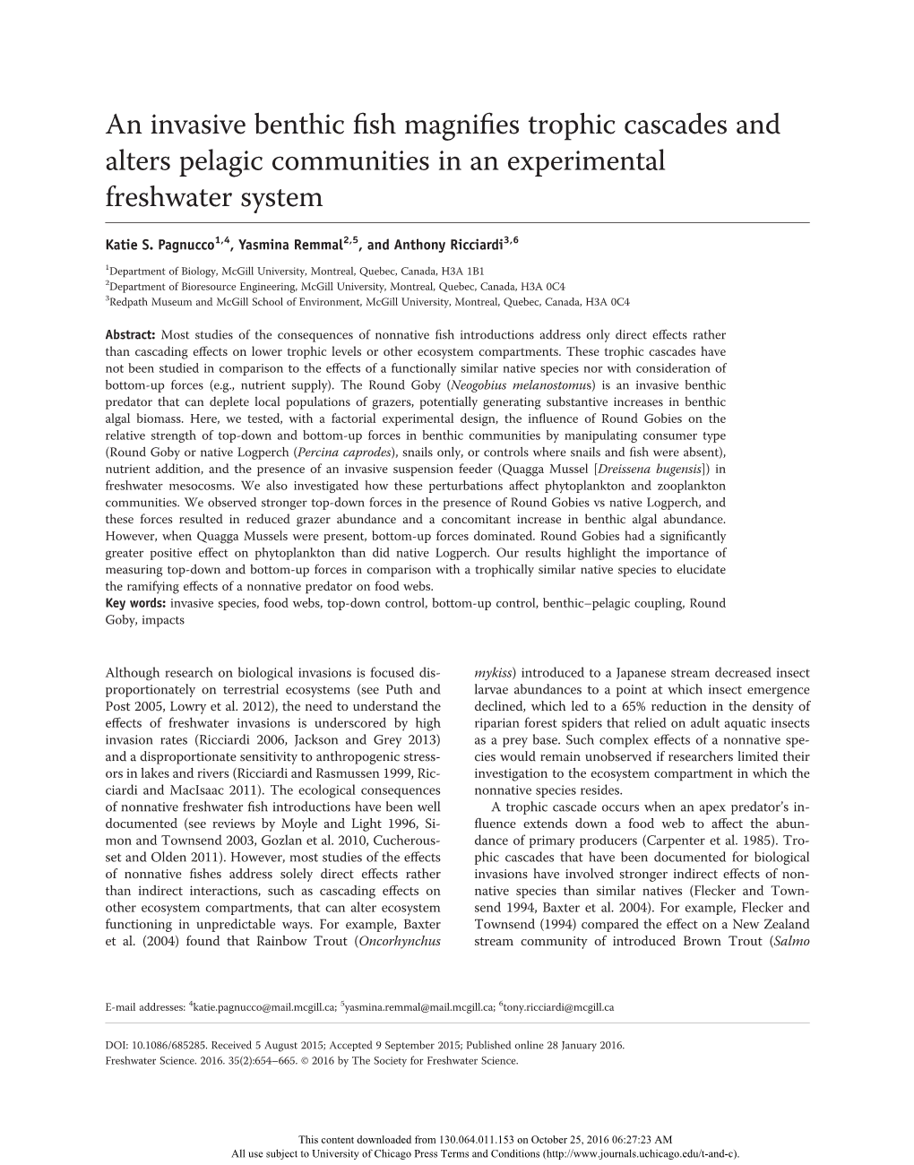 An Invasive Benthic Fish Magnifies Trophic Cascades and Alters Pelagic Communities in an Experimental Freshwater System