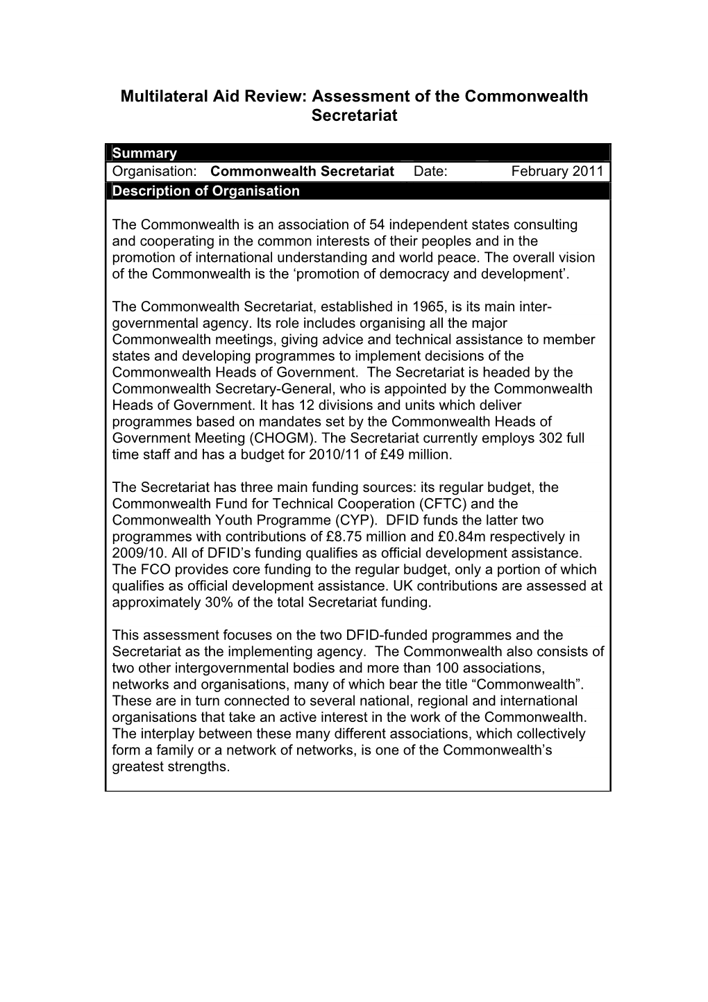 Assessment of the Commonwealth Secretariat