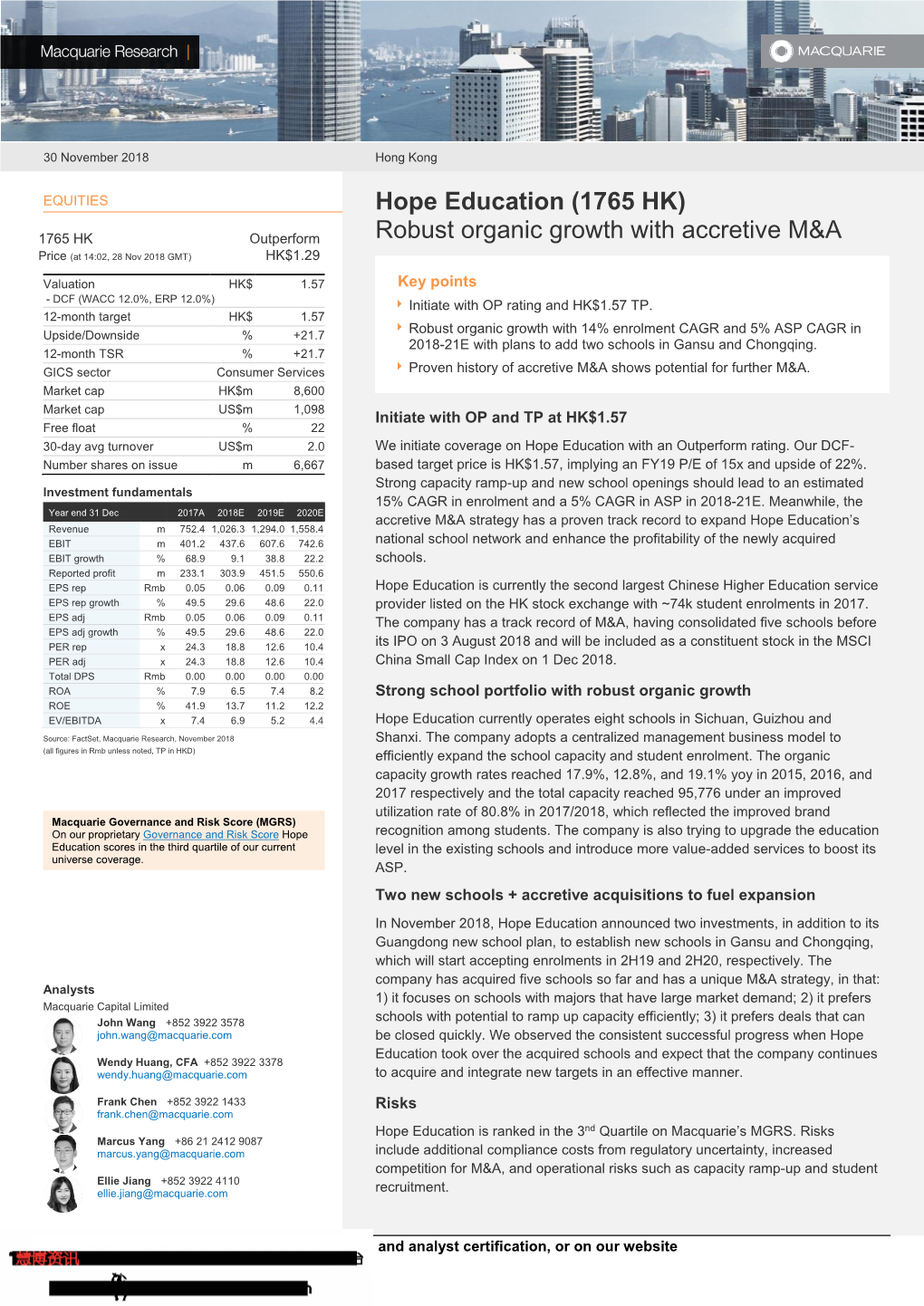 Hope Education (1765 HK) Robust Organic Growth with Accretive M&A