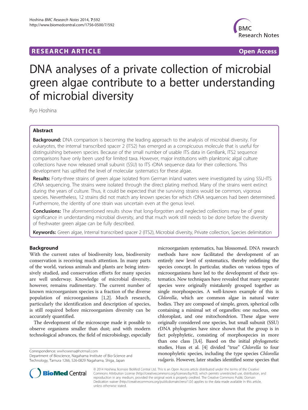 DNA Analyses of a Private Collection of Microbial Green Algae Contribute to a Better Understanding of Microbial Diversity Ryo Hoshina