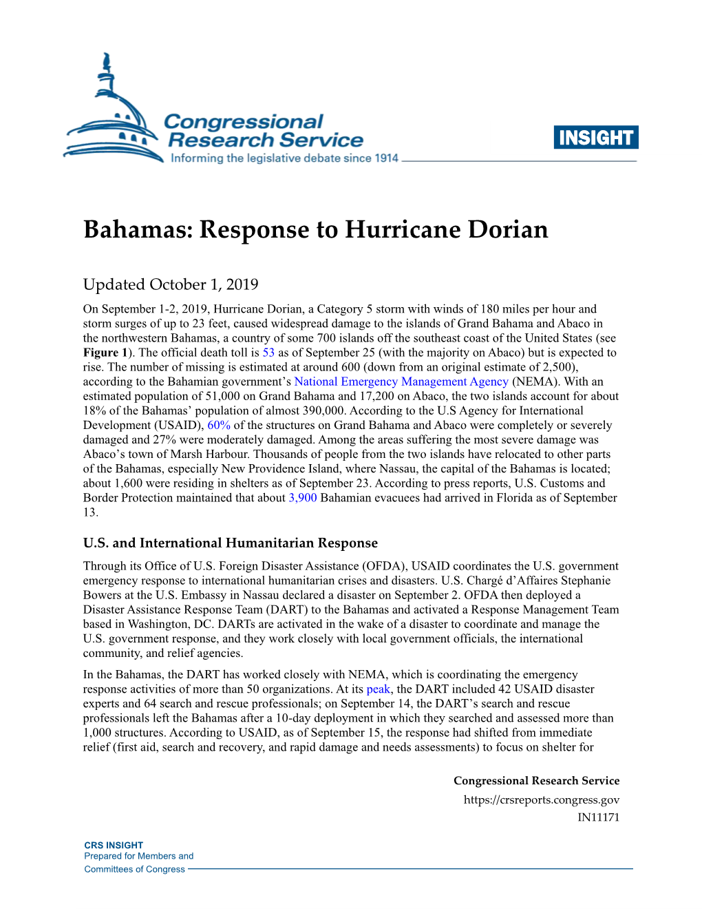 Bahamas: Response to Hurricane Dorian