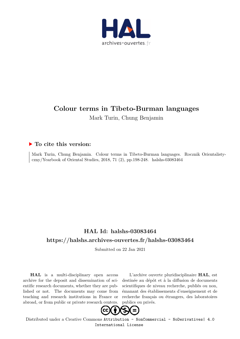 Colour Terms in Tibeto-Burman Languages Mark Turin, Chung Benjamin