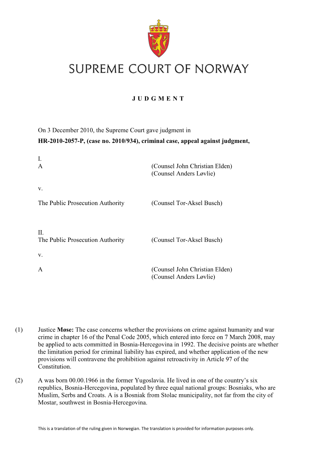(Case No. 2010/934), Criminal Case, Appeal Against Judgment