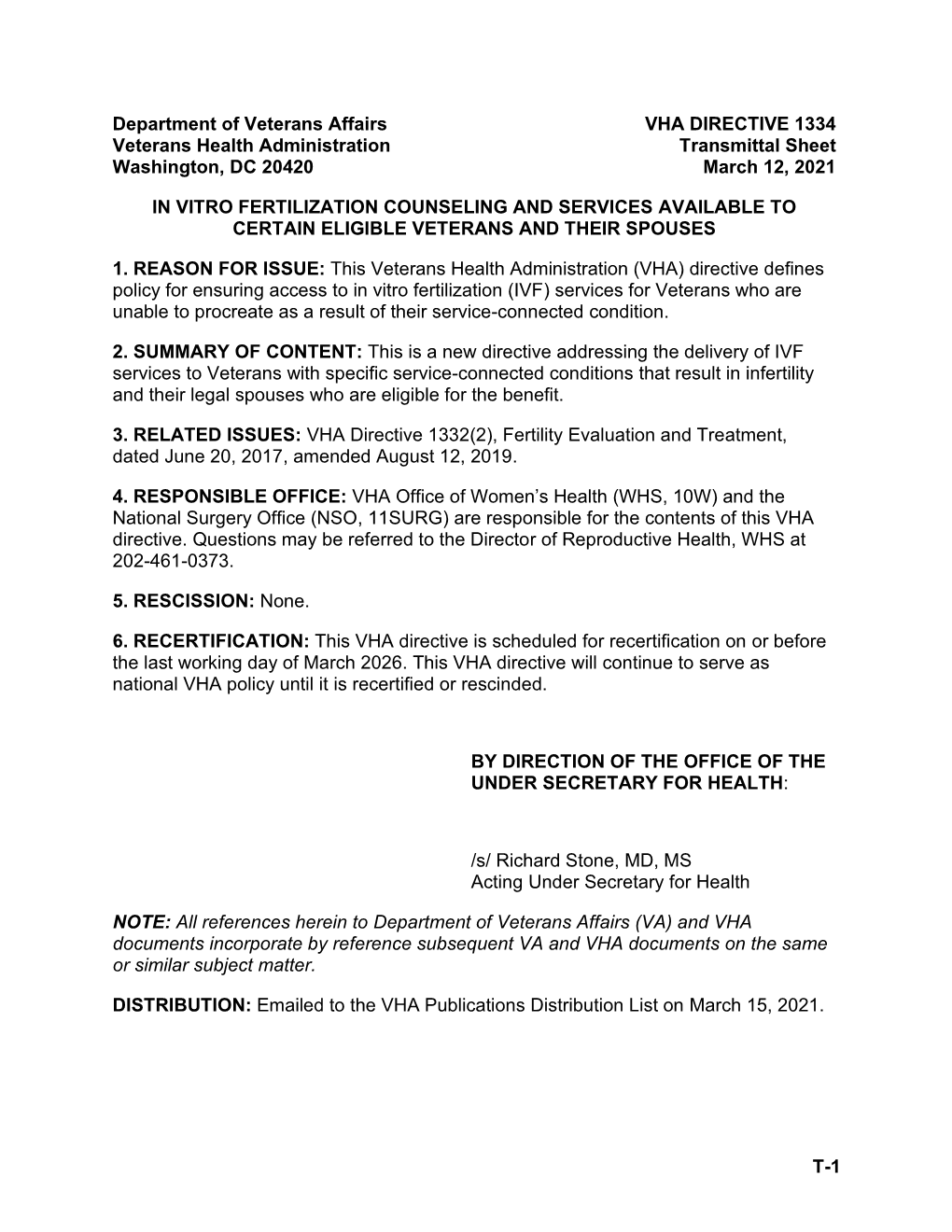 T-1 Department of Veterans Affairs VHA DIRECTIVE 1334 Veterans