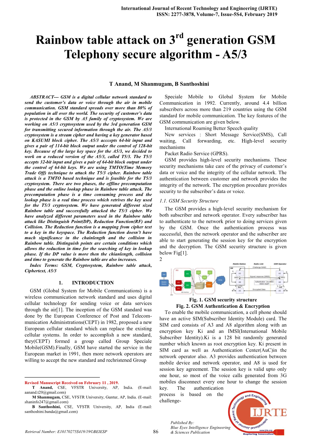 Rainbow Table Attack on 3 Generation GSM Telephony Secure Algorithm