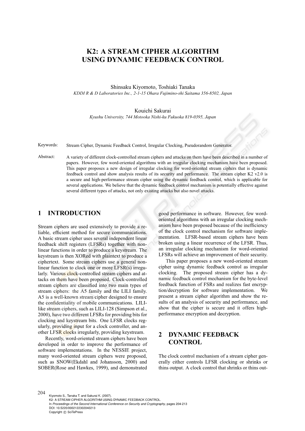 A Stream Cipher Algorithm Using Dynamic Feedback Control