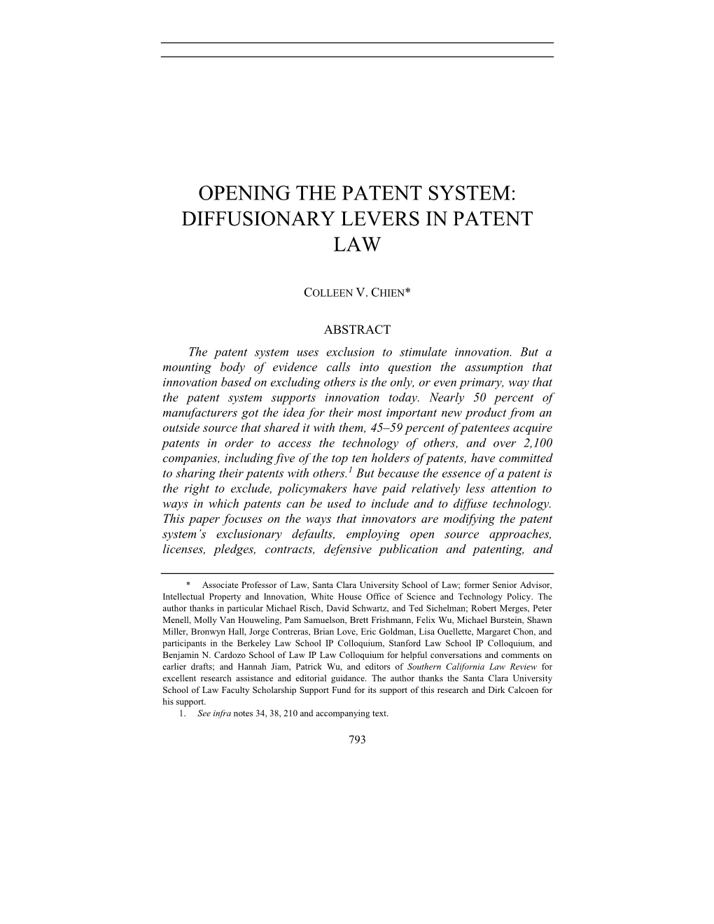 Opening the Patent System: Diffusionary Levers in Patent Law