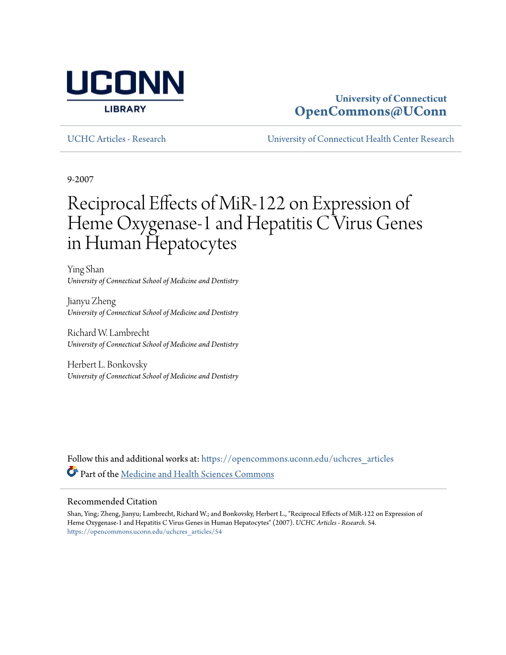 Reciprocal Effects of Mir-122 on Expression of Heme Oxygenase-1