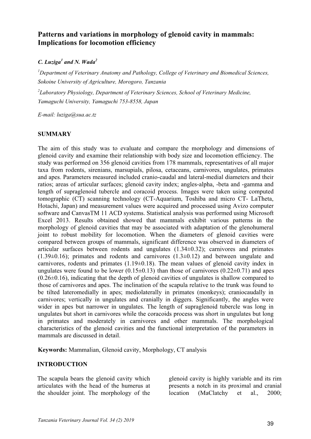 Patterns and Variations in Morphology of Glenoid Cavity in Mammals: Implications for Locomotion Efficiency