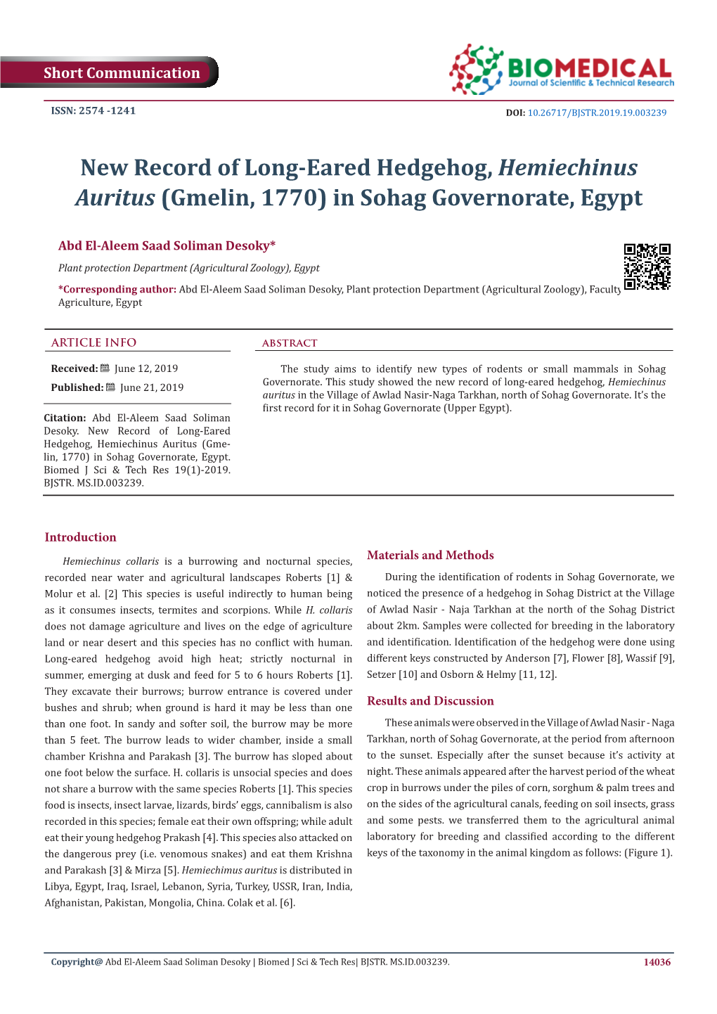 New Record of Long-Eared Hedgehog, Hemiechinus Auritus (Gmelin, 1770) in Sohag Governorate, Egypt