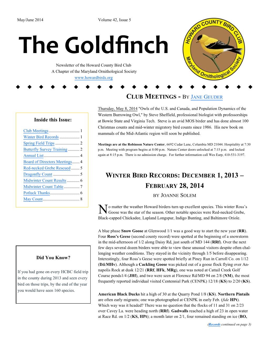 The Goldfinch Newsletter of the Howard County Bird Club a Chapter of the Maryland Ornithological Society