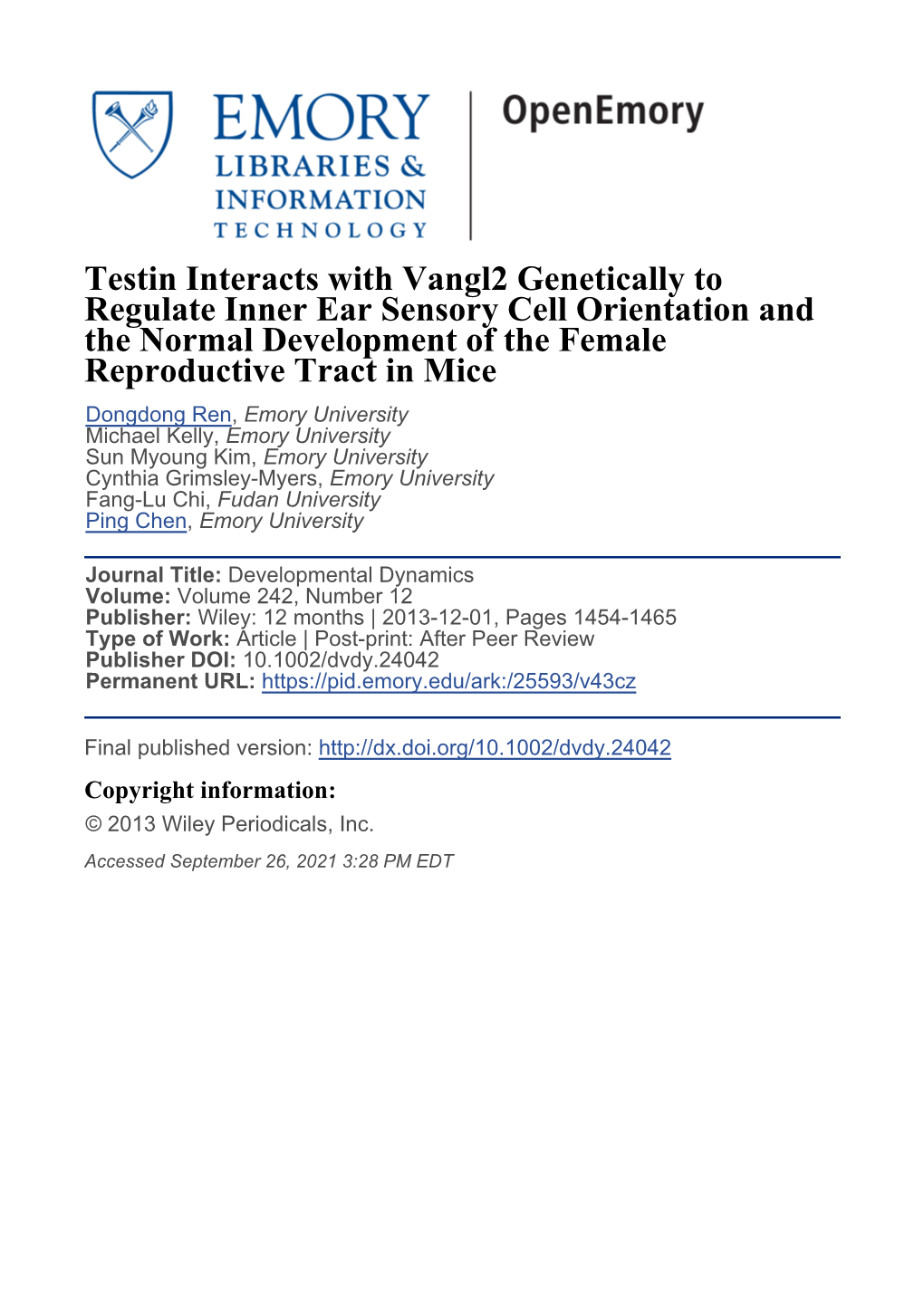 Testin Interacts with Vangl2 Genetically To