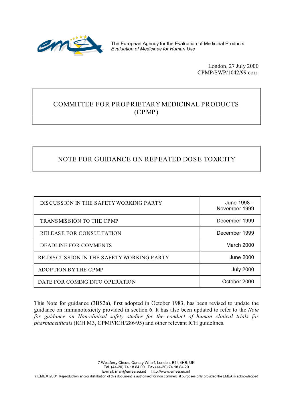 (Cpmp) Note for Guidance on Repeated Dose Toxicity