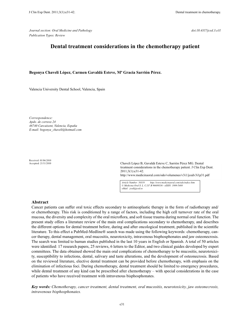 Dental Treatment Considerations in the Chemotherapy Patient