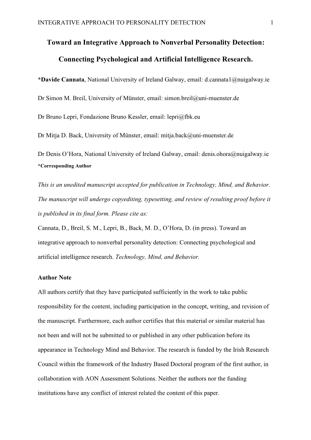 Toward an Integrative Approach to Nonverbal Personality Detection