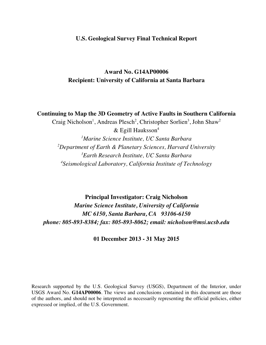 U.S. Geological Survey Final Technical Report Award No