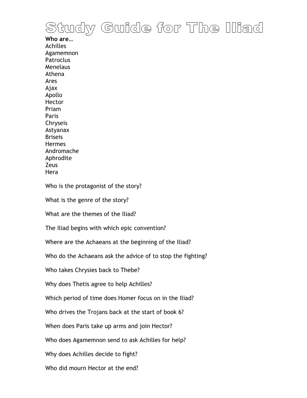 W Ho Are… Achilles Agam Em Non Patroclus M Enelaus Athena Ares Ajax Apollo H Ector Priam Paris Chryseis Astyanax Briseis H Erm Es Androm Ache Aphrodite Zeus H Era