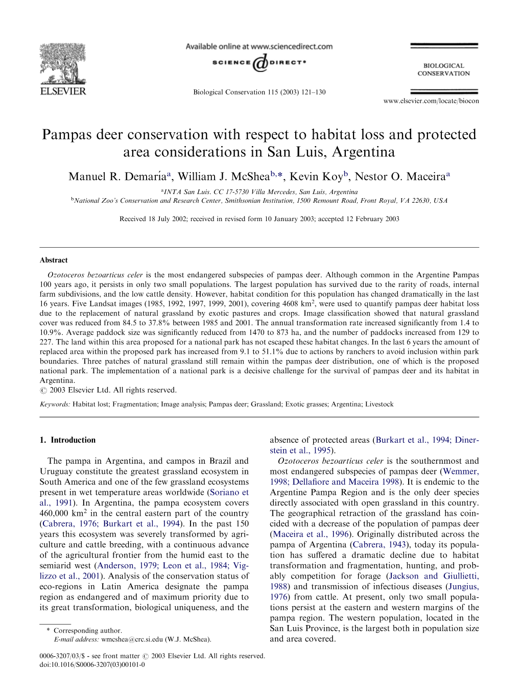 Pampas Deer Conservation with Respect to Habitat Loss and Protected Area Considerations in San Luis, Argentina