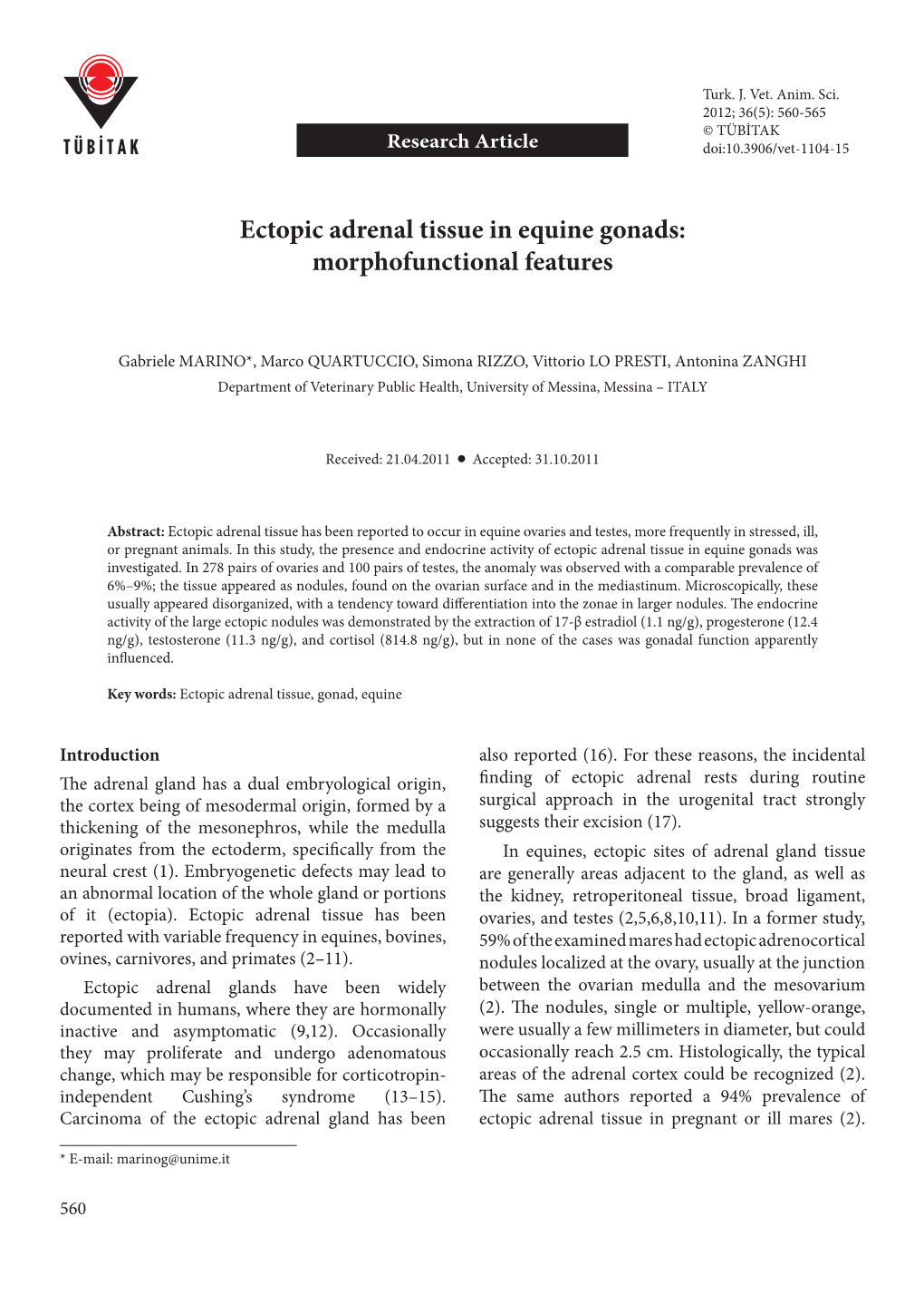 Ectopic Adrenal Tissue in Equine Gonads: Morphofunctional Features