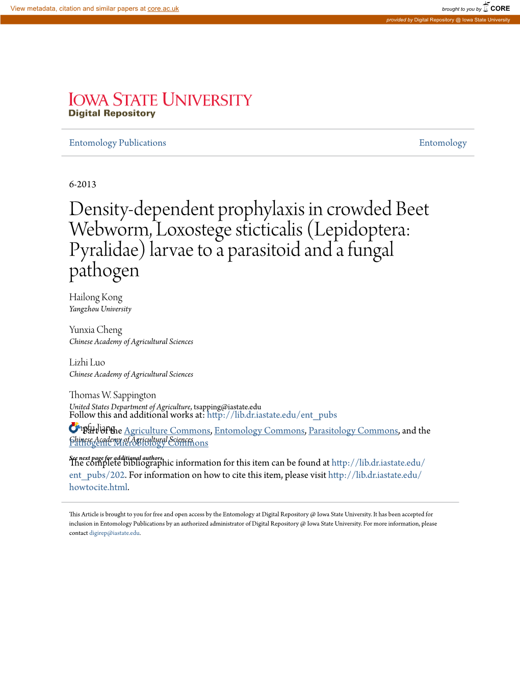 Density-Dependent Prophylaxis in Crowded Beet Webworm