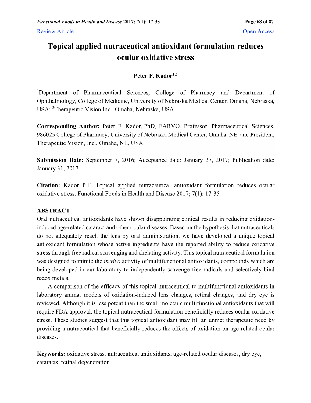 Topical Applied Nutraceutical Antioxidant Formulation Reduces Ocular Oxidative Stress