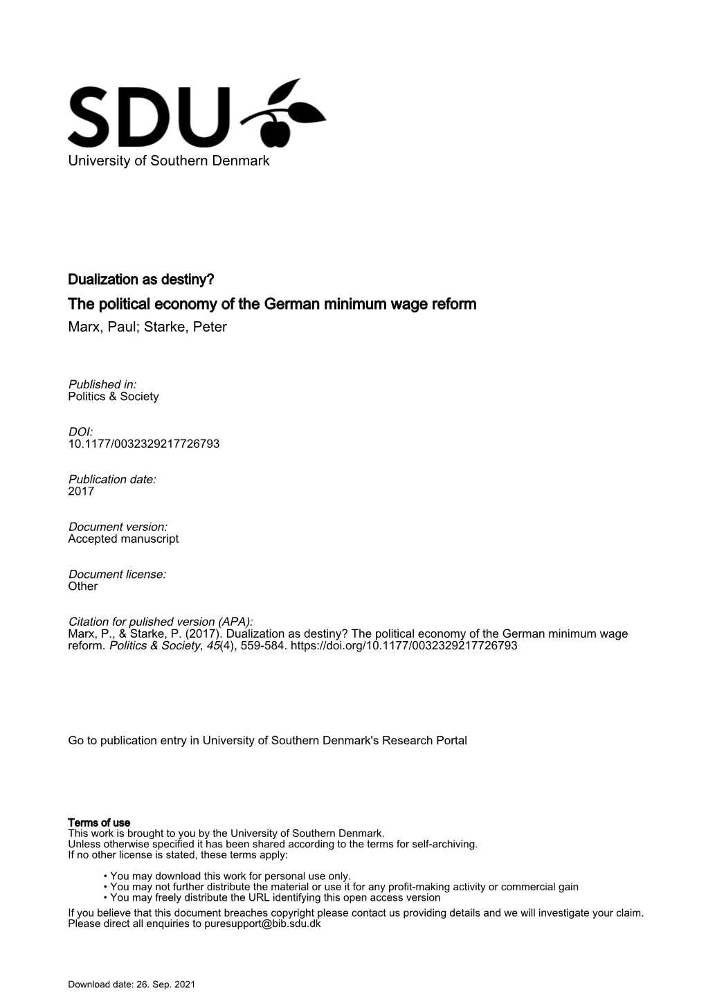 The Political Economy of the German Minimum Wage Reform Marx, Paul; Starke, Peter