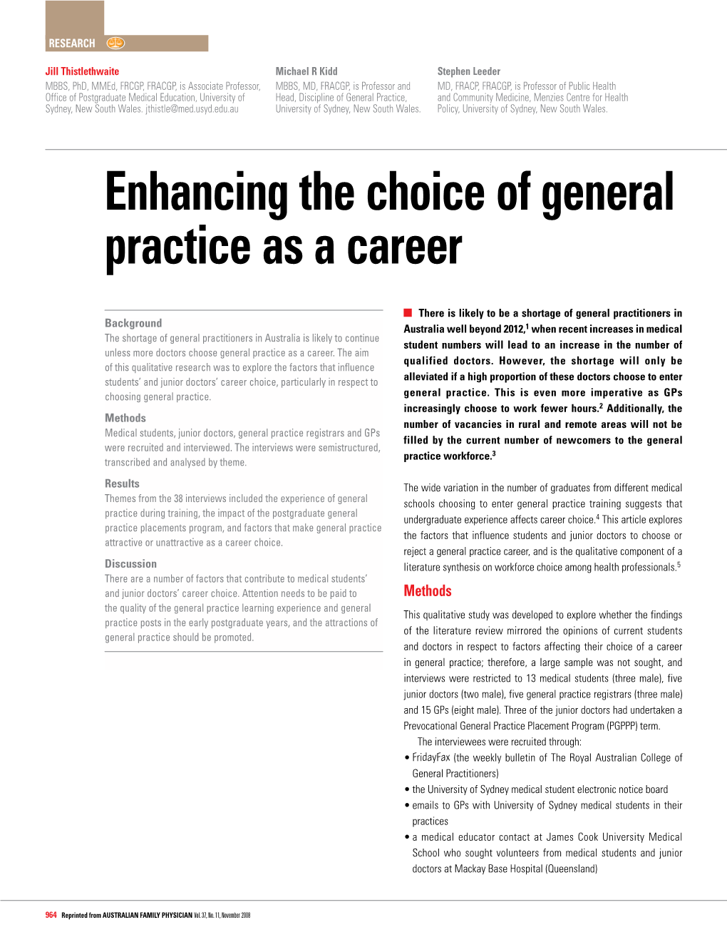 Enhancing the Choice of General Practice As a Career