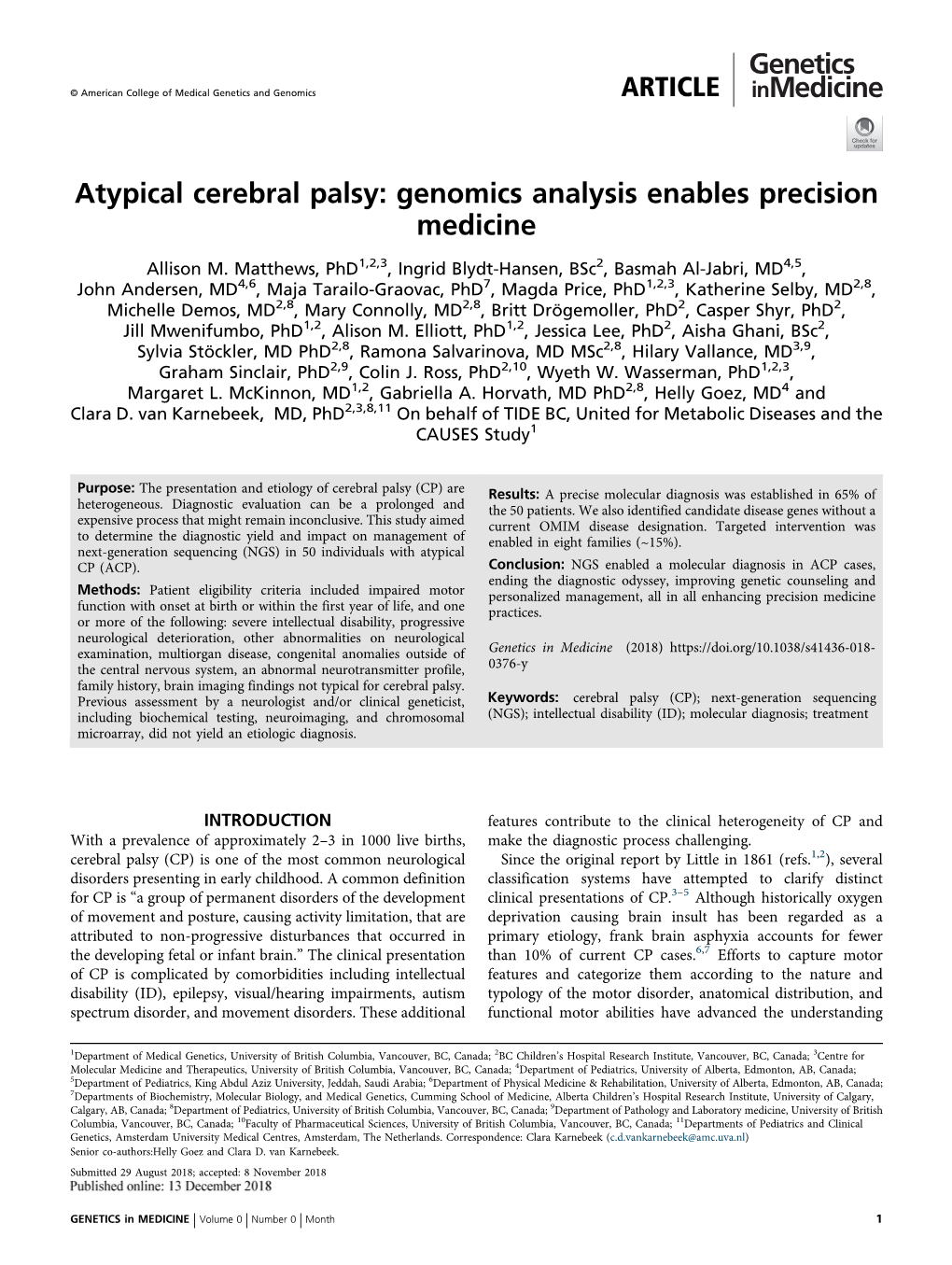 Atypical Cerebral Palsy: Genomics Analysis Enables Precision Medicine