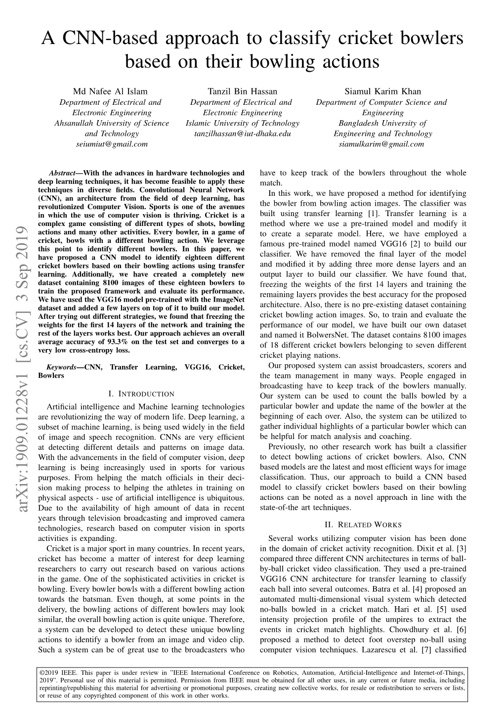 A CNN-Based Approach to Classify Cricket Bowlers Based on Their Bowling Actions