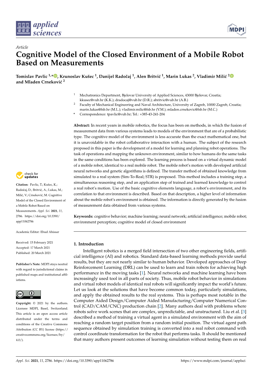 Cognitive Model of the Closed Environment of a Mobile Robot Based on Measurements