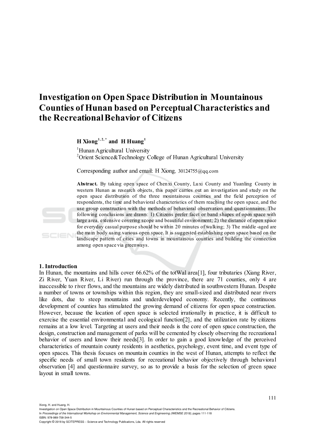 Investigation on Open Space Distribution in Mountainous Counties of Hunan Based on Perceptual Characteristics and the Recreational Behavior of Citizens