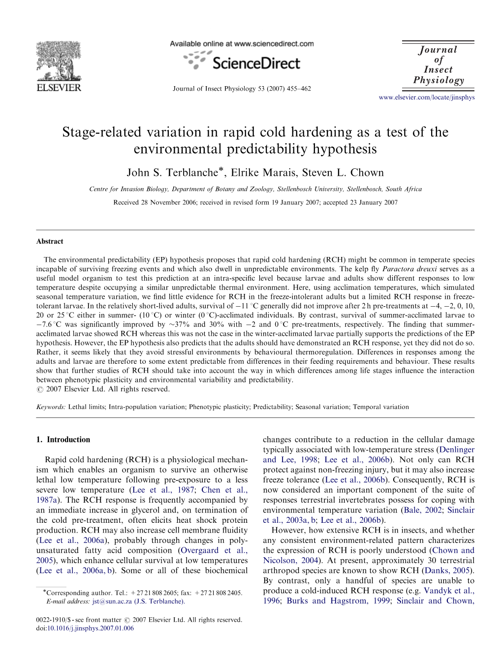 Stage-Related Variation in Rapid Cold Hardening As a Test of the Environmental Predictability Hypothesis