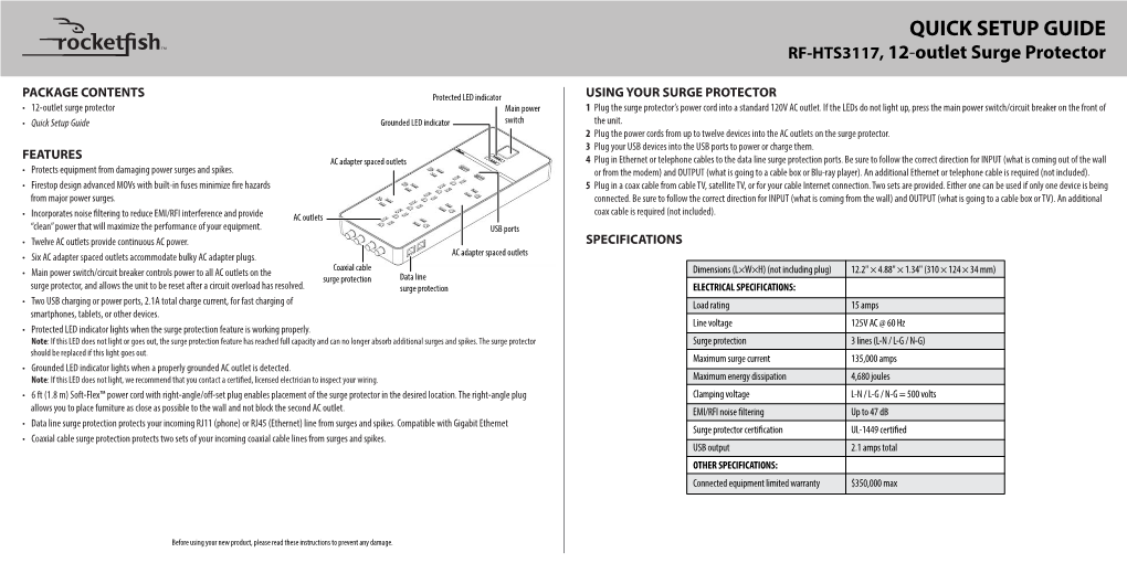 QUICK SETUP GUIDE RF-HTS3117, 12-Outlet Surge Protector