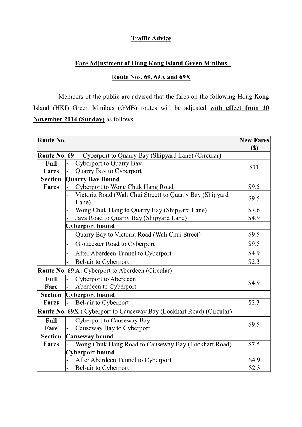 Traffic Advice Fare Adjustment of Hong Kong Island Green Minibus Route Nos. 69, 69A and 69X Members of the Public Are Advised T