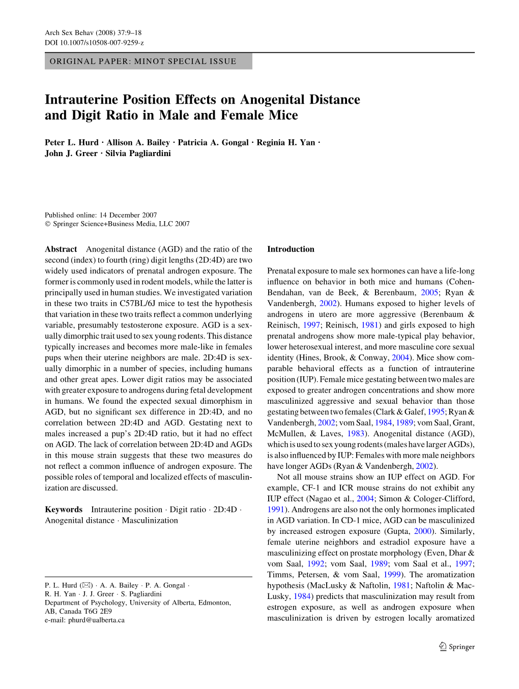 Intrauterine Position Effects on Anogenital Distance and Digit Ratio in Male and Female Mice