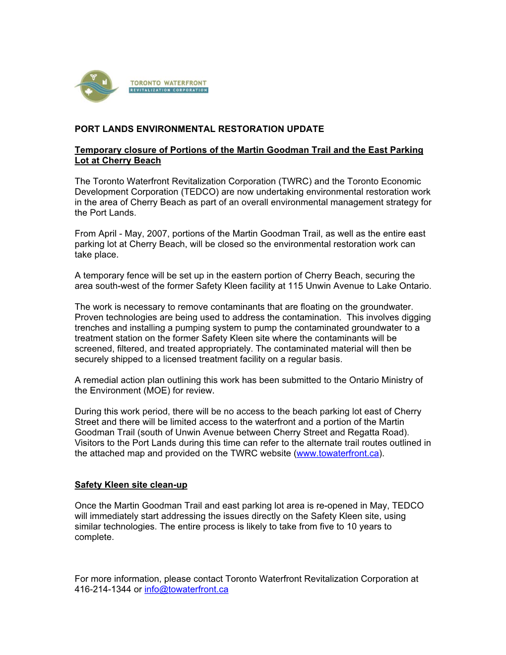 Cherry Beach Remediation Update