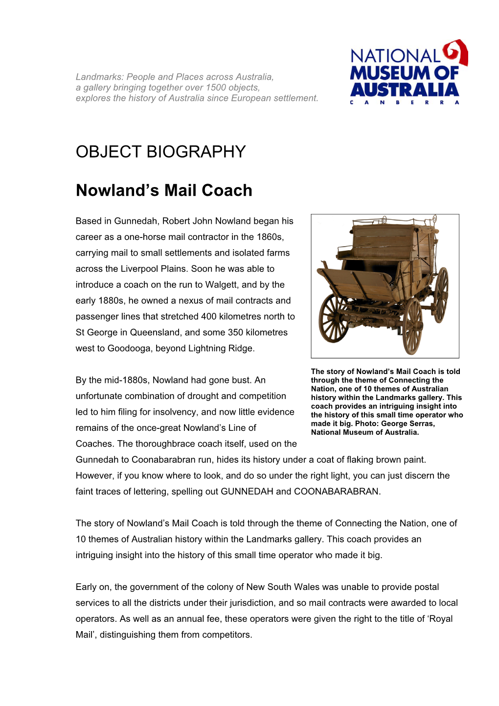 OBJECT BIOGRAPHY Nowland's Mail Coach
