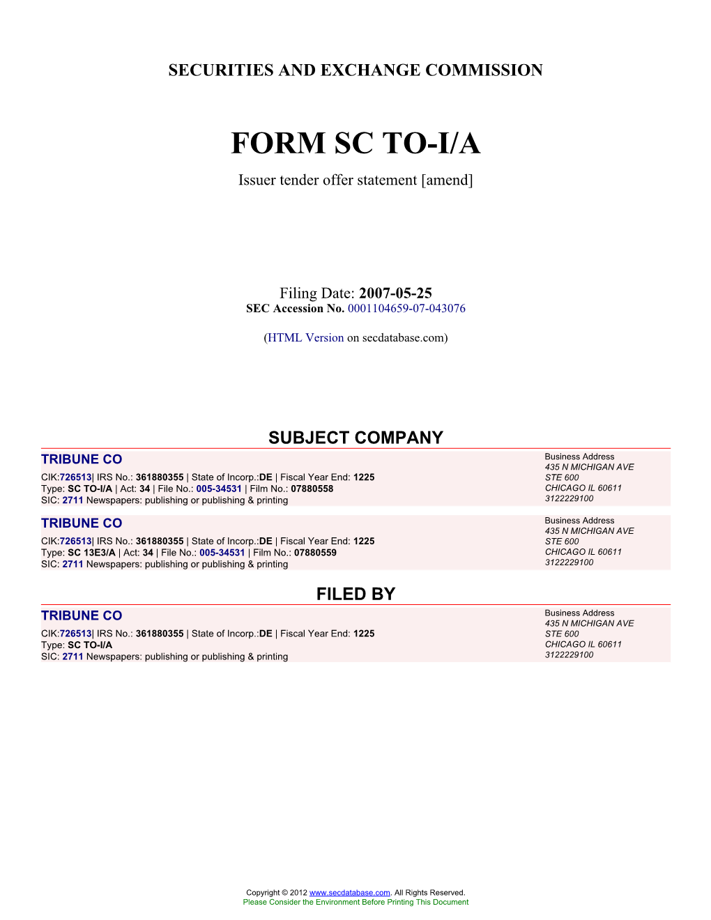 TRIBUNE CO (Form: SC TO-I/A, Filing Date: 05/25