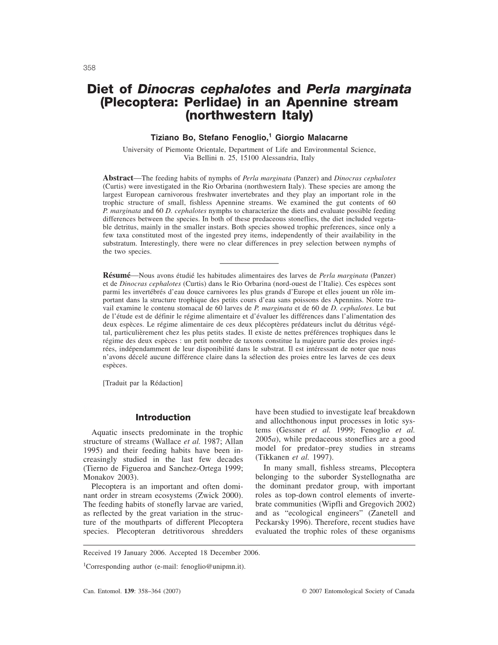 Diet of Dinocras Cephalotes and Perla Marginata (Plecoptera: Perlidae) in an Apennine Stream (Northwestern Italy)