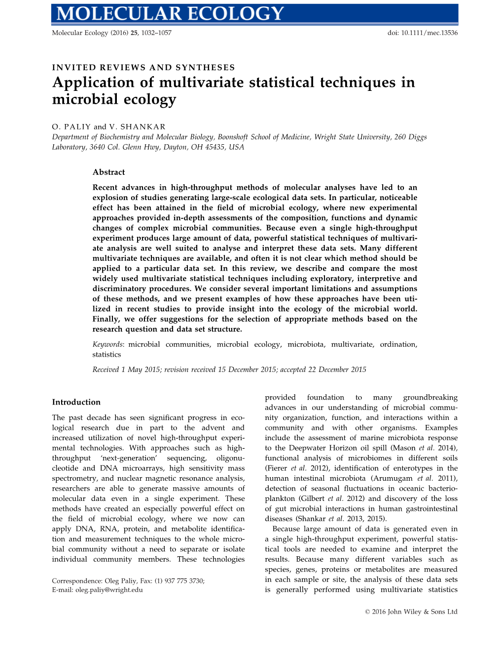 Application of Multivariate Statistical Techniques in Microbial Ecology