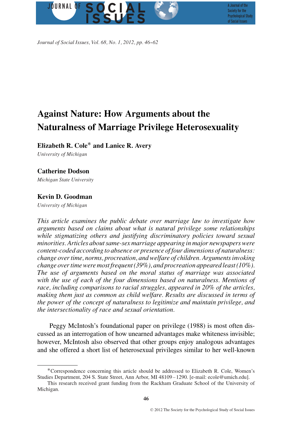 Against Nature: How Arguments About the Naturalness of Marriage Privilege Heterosexuality