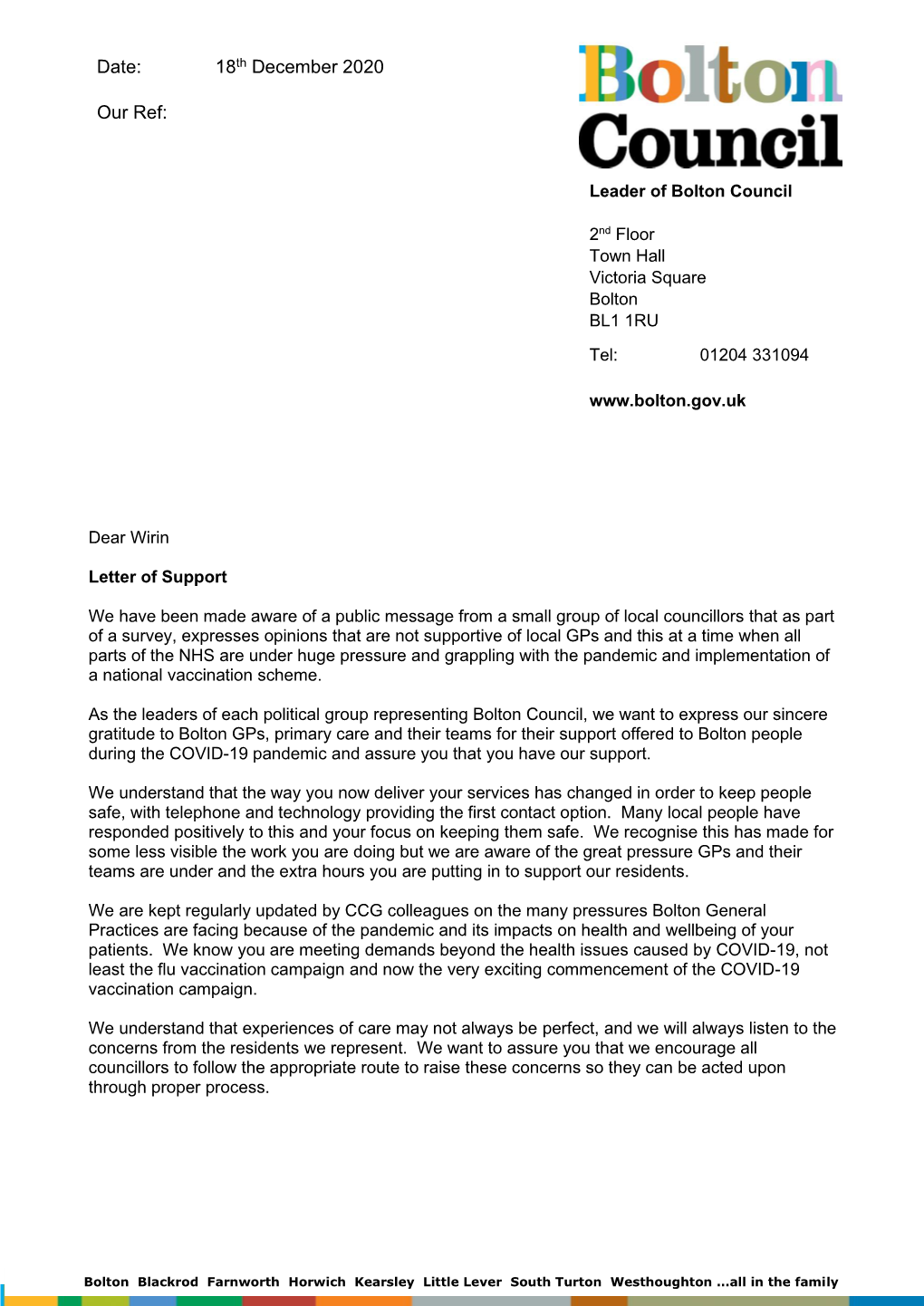 Bolton Council Letter To