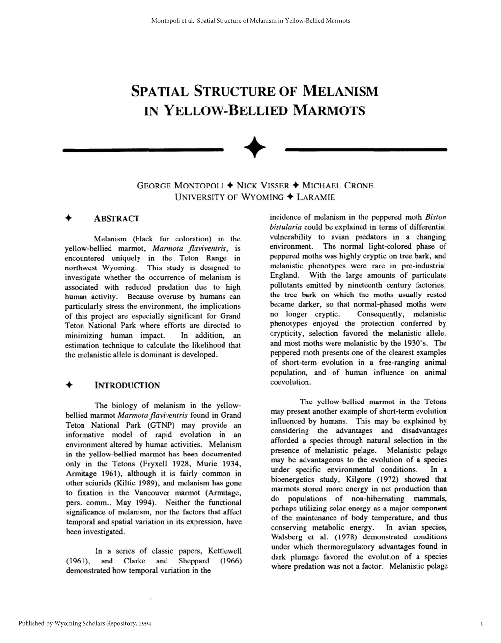 Spatial Structure of Melanism in Yellow-Bellied Marmots