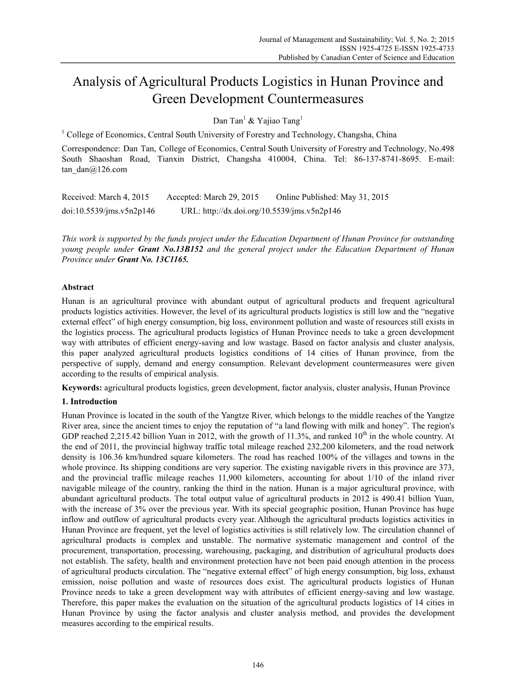 Analysis of Agricultural Products Logistics in Hunan Province and Green Development Countermeasures