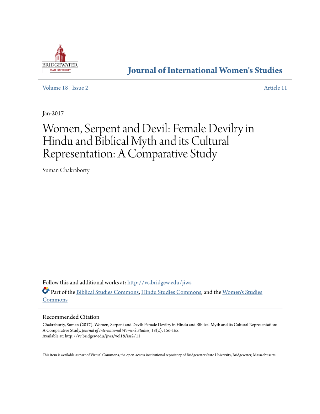 Women, Serpent and Devil: Female Devilry in Hindu and Biblical Myth and Its Cultural Representation: a Comparative Study Suman Chakraborty