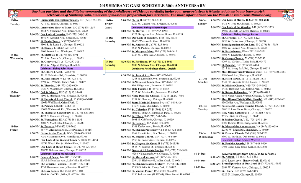 2015 SIMBANG GABI SCHEDULE 30Th ANNIVERSARY