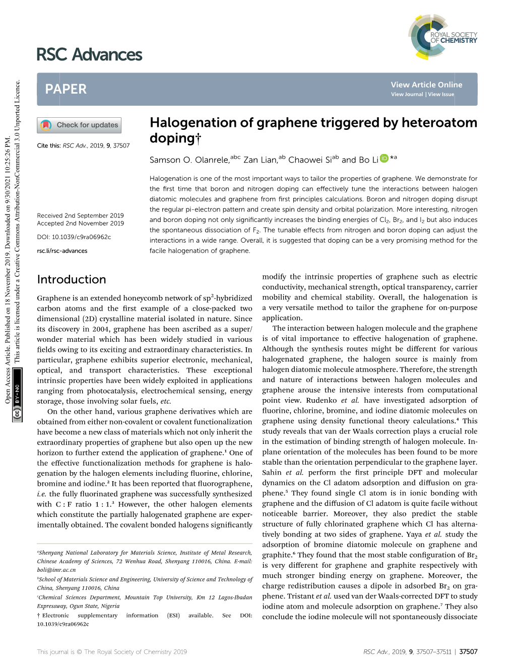 Halogenation of Graphene Triggered by Heteroatom Doping† Cite This: RSC Adv.,2019,9,37507 Samson O