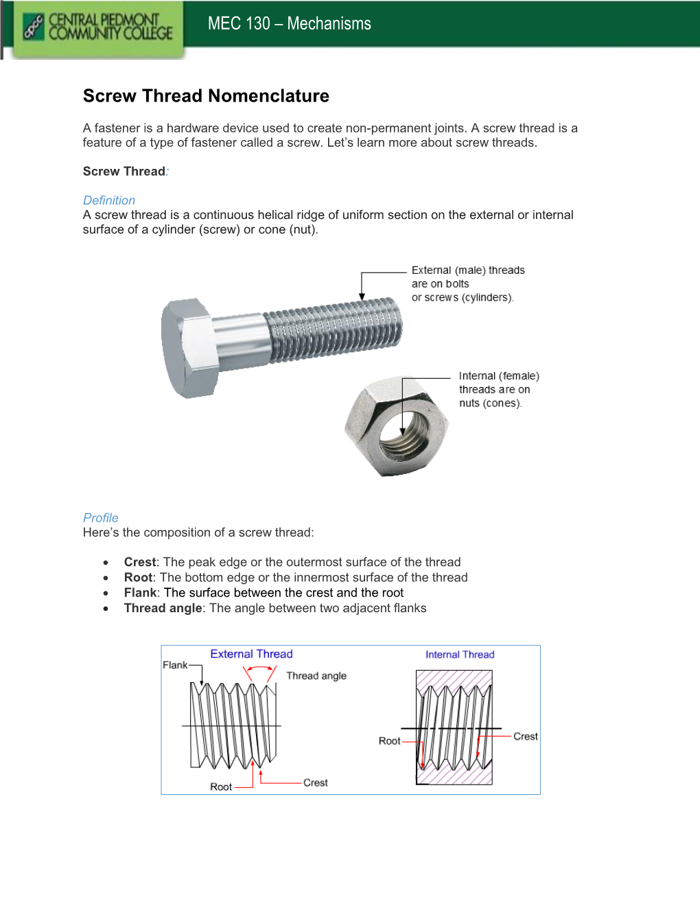 Screw Thread Nomenclature