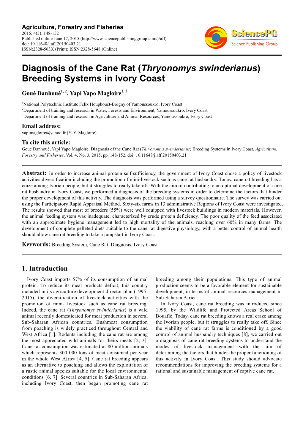 Thryonomys Swinderianus ) Breeding Systems in Ivory Coast