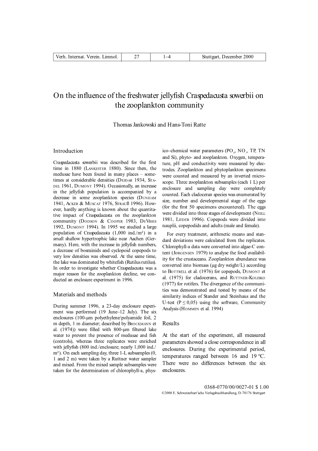 On the Influence of the Freshwater Jellyfish Craspedacusta Sowerbii on the Zooplankton Community